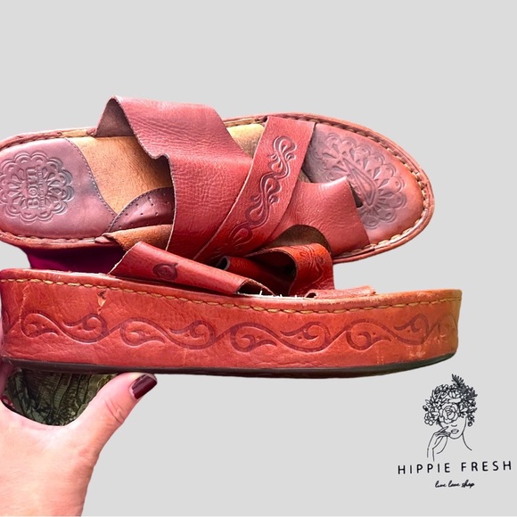 Born Shoes - Born Brown Embossed Leather Slip On Platform Sandals S10